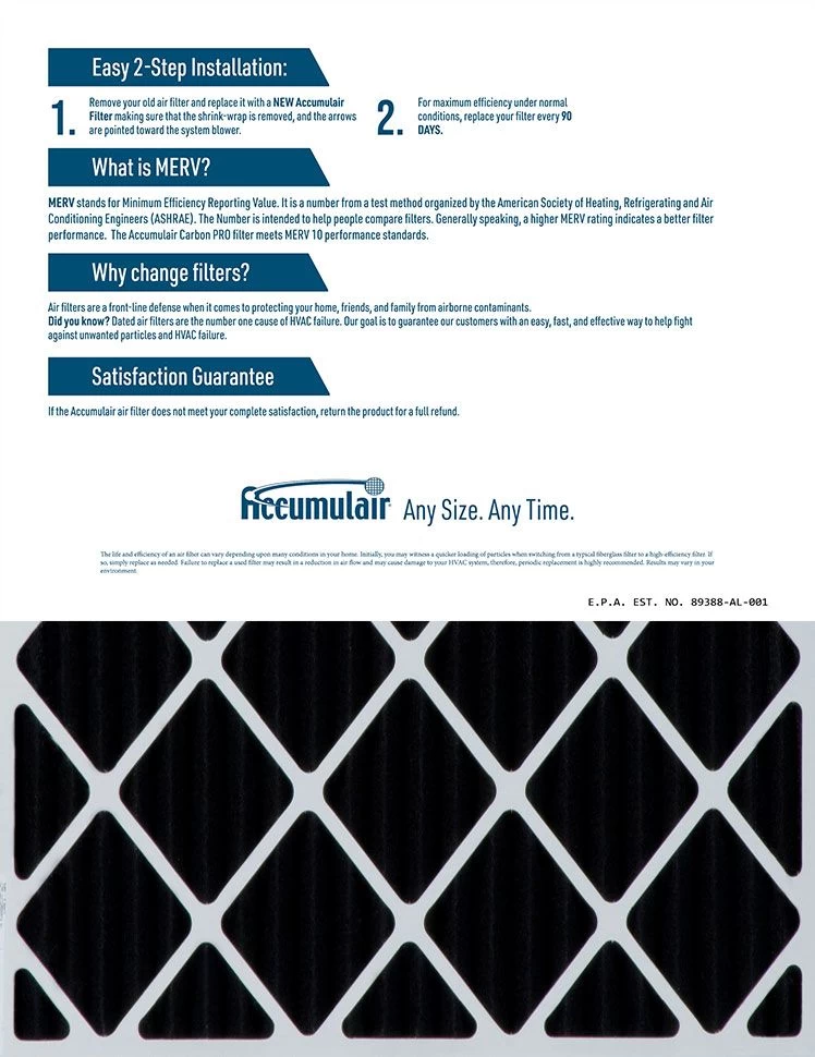 11.5x11.5x1 (Actual Size) Accumulair Carbon MERV 10 Odor Eliminating Filter - Image 2