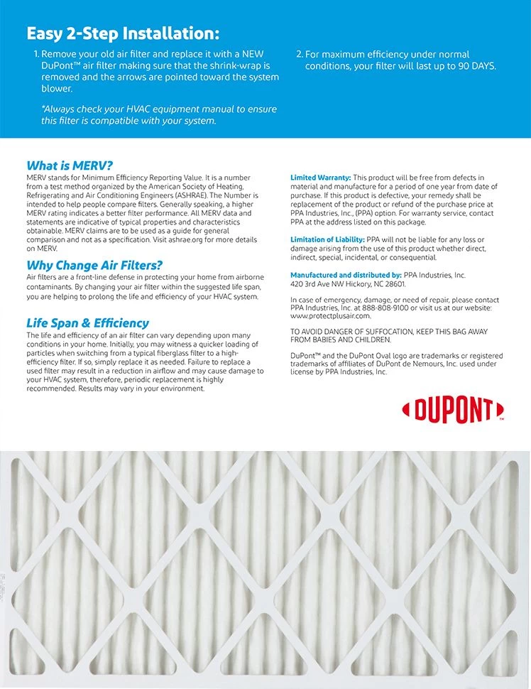 16.5x21x1 (Actual Size) DuPont Dust Air Filter (MERV 8) - Image 2