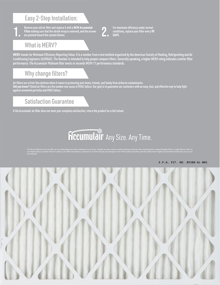 17x22x0.5 (16.5x21.5x0.5) Accumulair Platinum Filter MERV 11 - Image 2